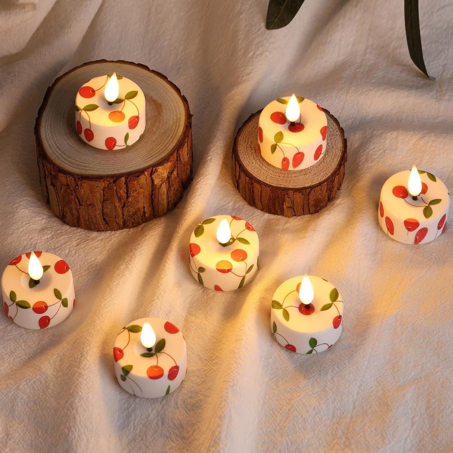 Eywamage Cherry Flameless Tealights with Remote Batteries, Flickering Plastic LED Tea Votive Candles Set of 12