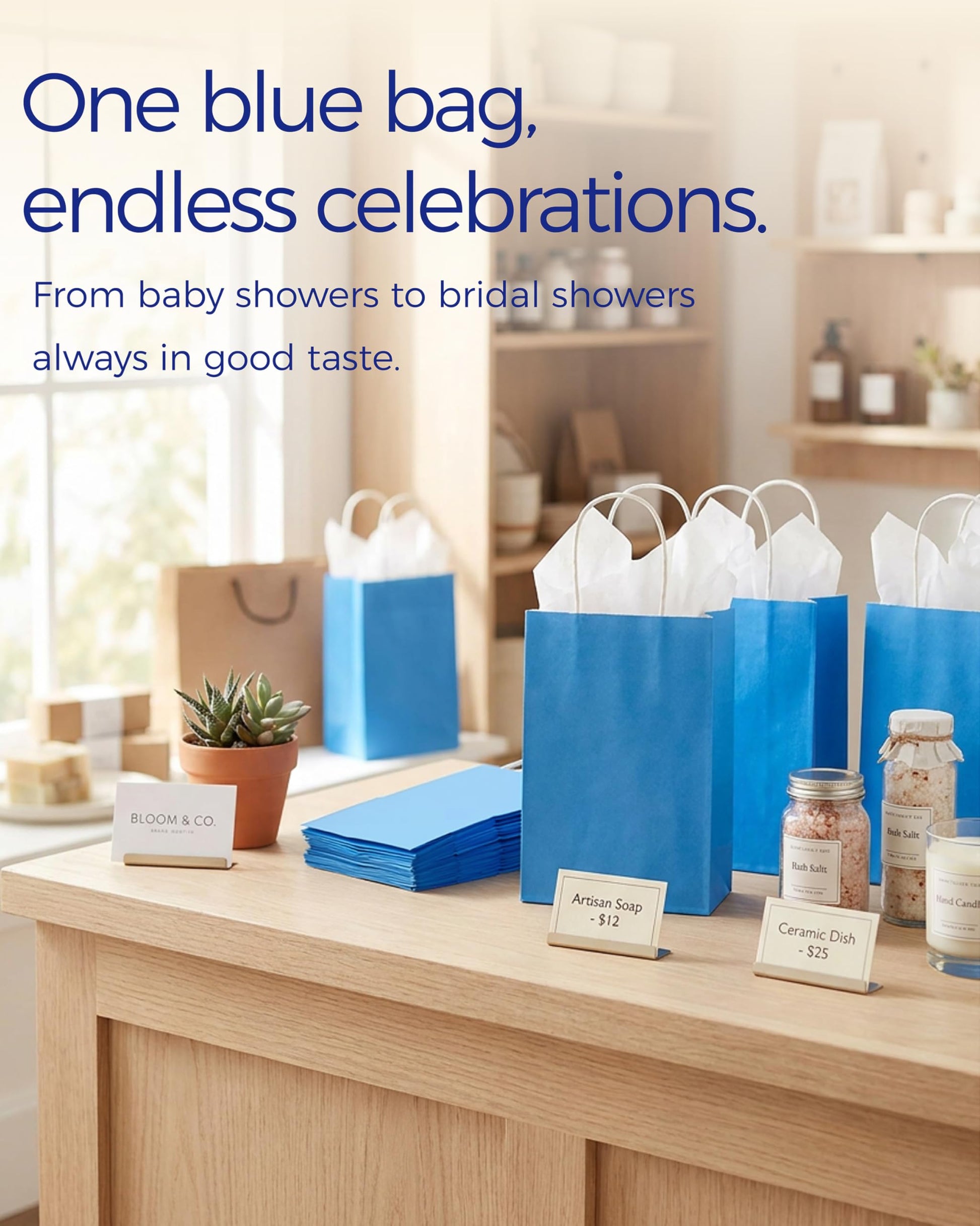 SUNCOLOR 24-Pack Blue Gift Bags with Handles, 8" Goodie Bags for Party Favors, Baby Showers