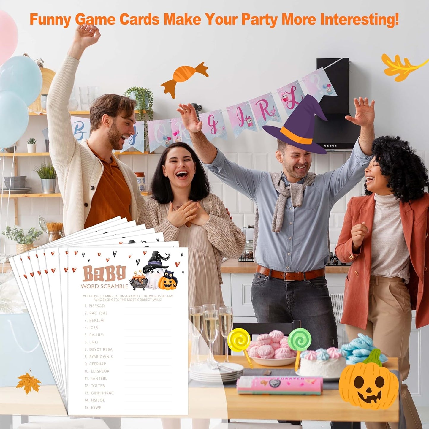 Baby Shower Games, Halloween Baby Word Scramble, 25 Double-Sided Game Cards + 1 Answer Card for Gender Reveal Party Decorations Supplies Announcement - B07