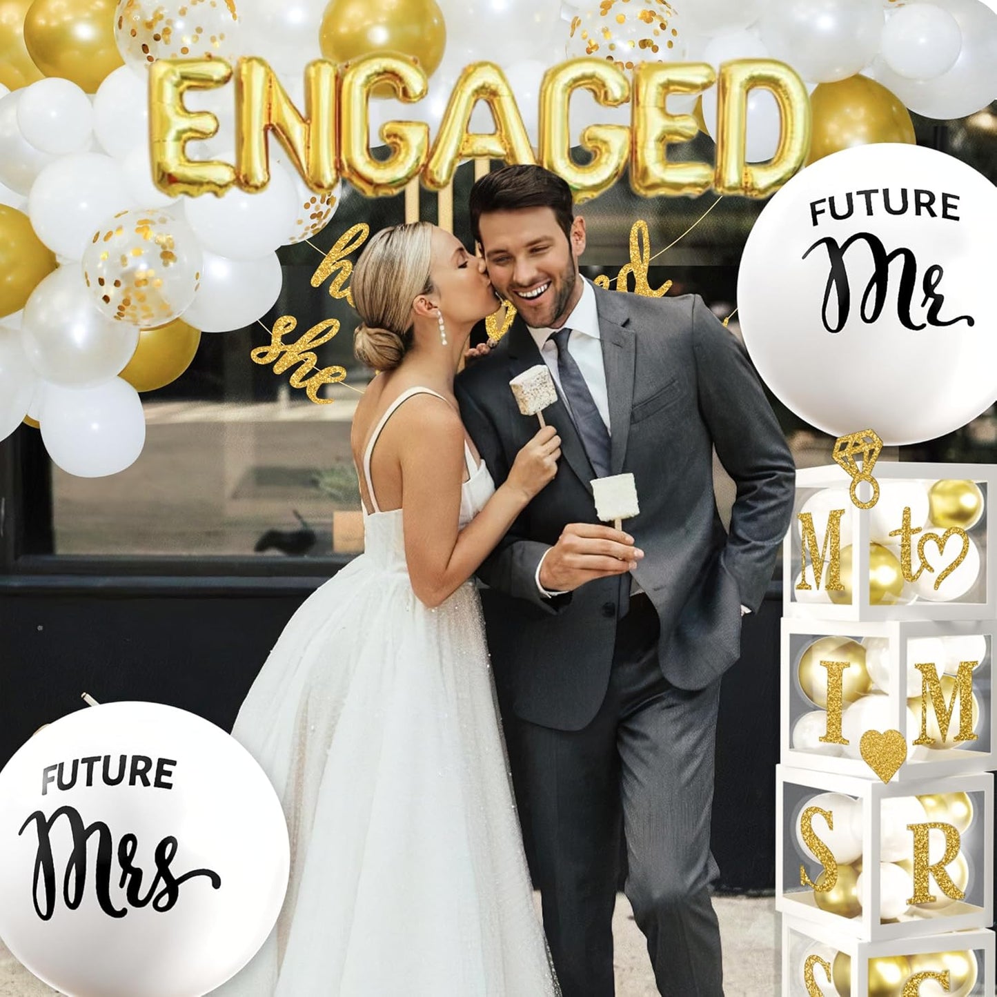 248 Pc Premium Engagement Party Decorations, Gold and White Bridal Decorations, He Asked She Said Yes Banner, Engaged Letter Balloons, Future Mrs and Mr Balloons & Sashes Ring Balloon, Boxes & more