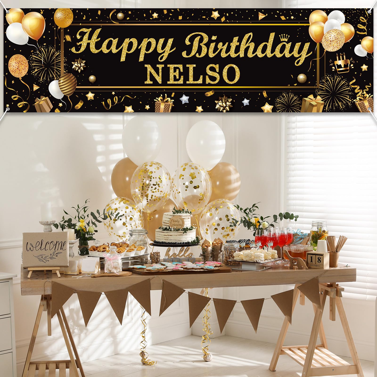 Lonfliness Personalized Birthday Banner Happy Birthday Party Decoration Custom DIY Black Gold