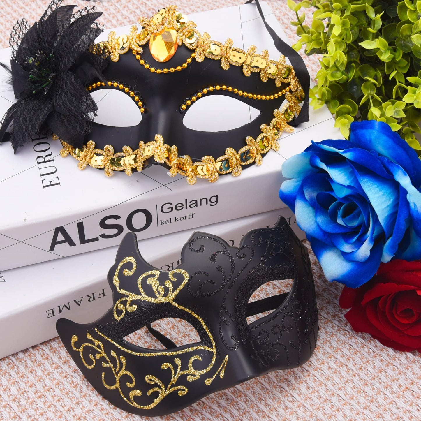 SIQUK Couple Masquerade Masks Plastic Venetian Party Mask Halloween Costume Mask Rhinestone