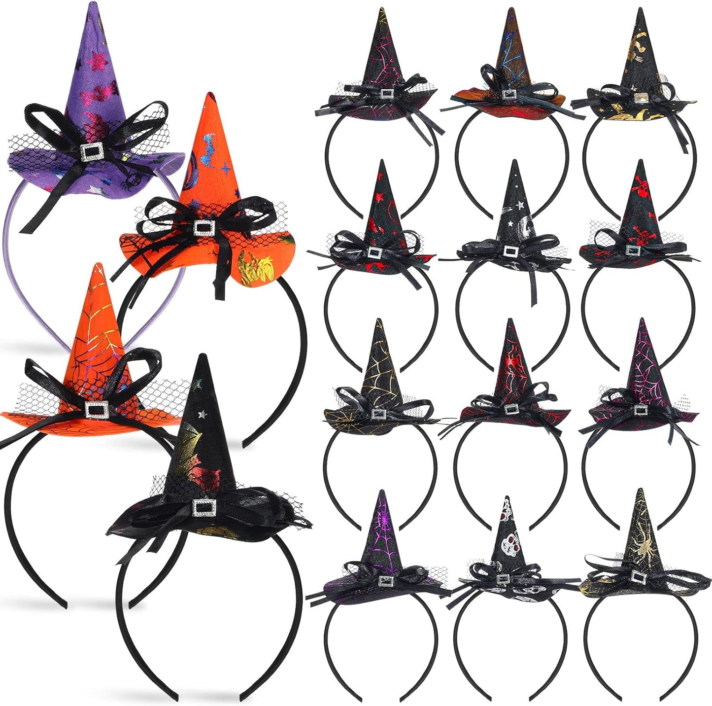 Hanaive 16 Pieces Halloween Headband Witch Hat Headband for Women Halloween Cosplay Witch Costume Hair Accessories
