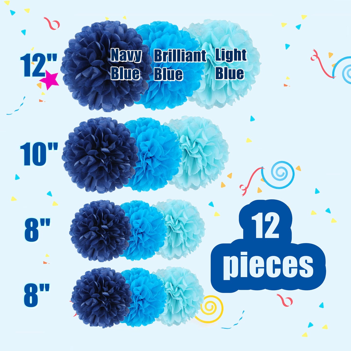 12pcs Blue Paper Pom Poms Set for Party Decor (Mixed Size 8/10/12 Inch)