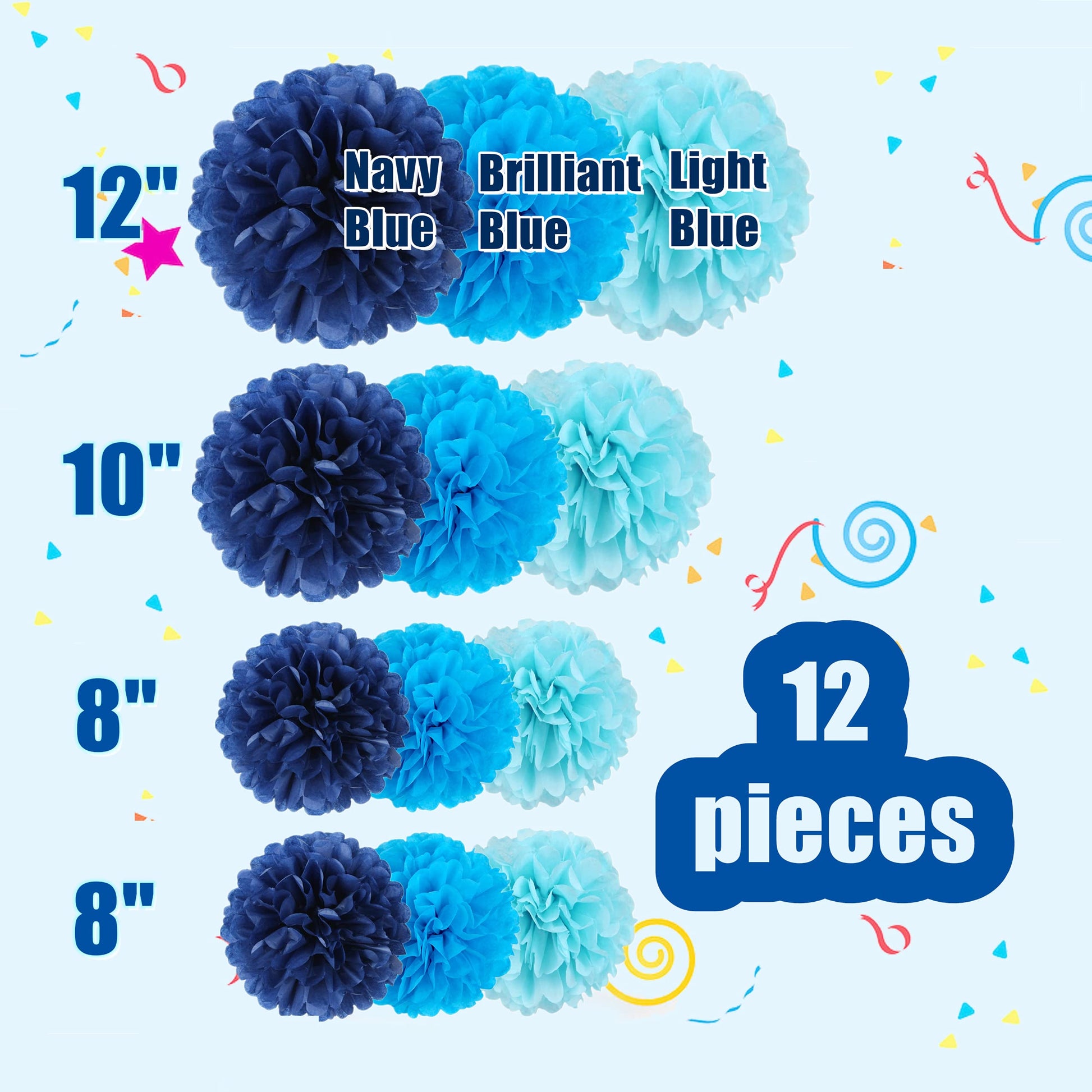 12pcs Blue Paper Pom Poms Set for Party Decor (Mixed Size 8/10/12 Inch)