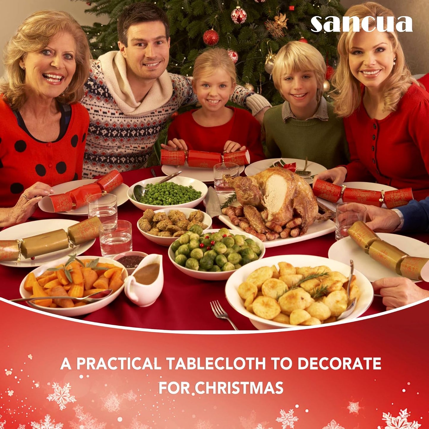 sancua Round Tablecloth - 70 Inch - Water Resistant Spill Proof Washable Polyester Table Cloth Decorative Fabric Table Cover for Dining Tables, Buffet Parties and Camping, Red