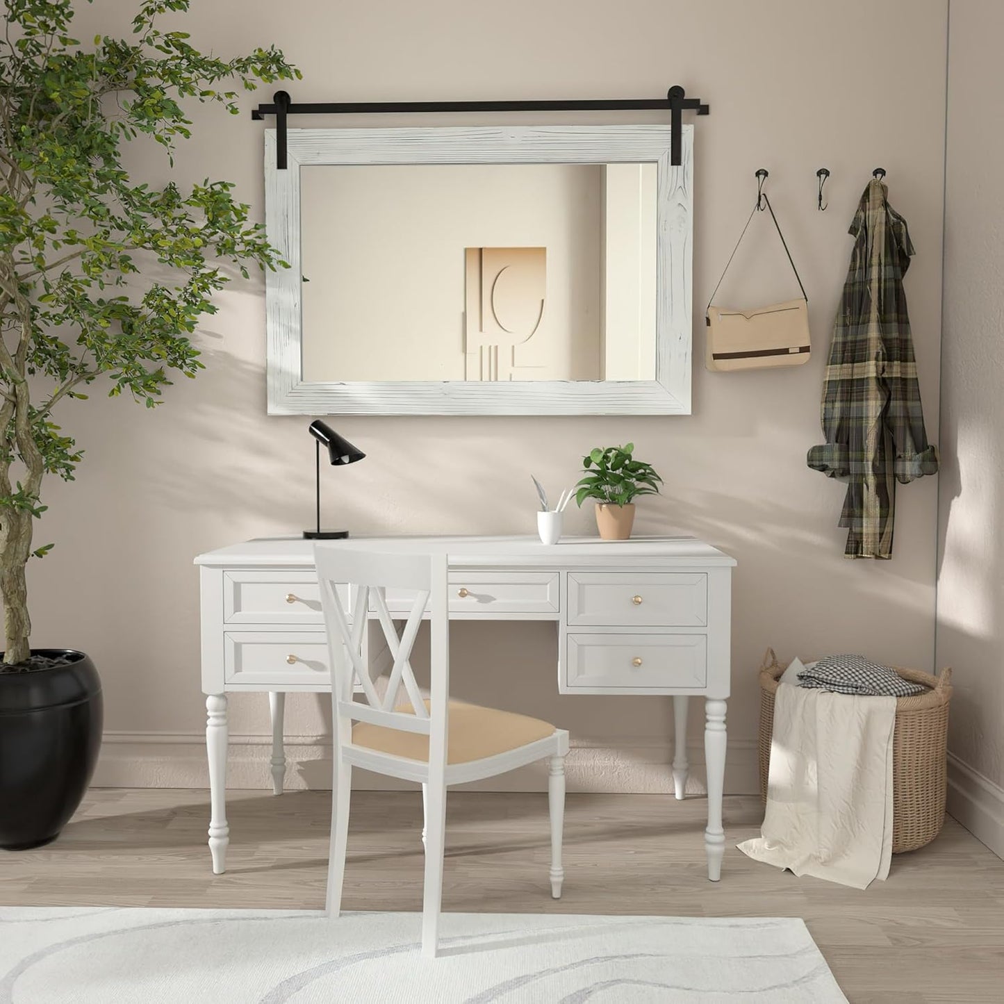 COGOOD Farmhouse Bathroom Mirror - 41" x 30" Rustic Barn Door Mirror for Living Room, Entryway, Bedroom, Vanity Wall Decor (White)