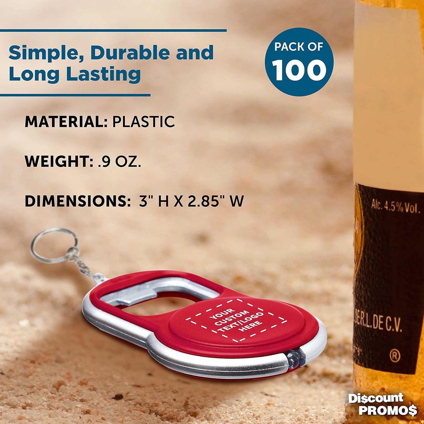 DISCOUNT PROMOS Custom Bottle Opener & LED Keychains Set of 100, Personalized Bulk Pack - Perfect for Tradeshows, Party Favors, Other Events - Red