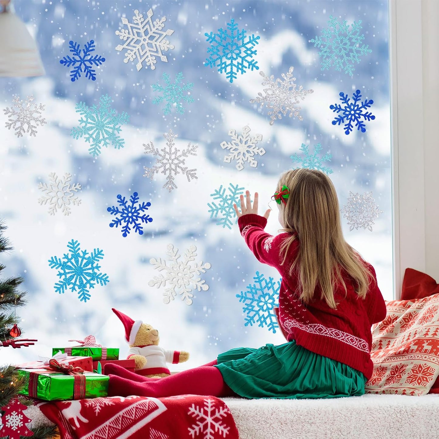 Winter Snowflake Cutouts Glitter Paper Decorations - 50Pcs Blue and Silver Double-Side Christmas Cutouts for Holiday Winter Wonderland Bulletin Board, Frozen Party Decor