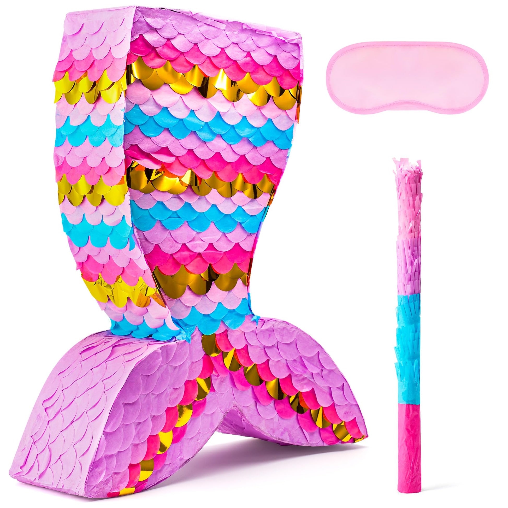Mermaid Tail Pinata with Plastic Bat and Paper Blindfold for Fun Fiesta Taco Party Supplies, Photo