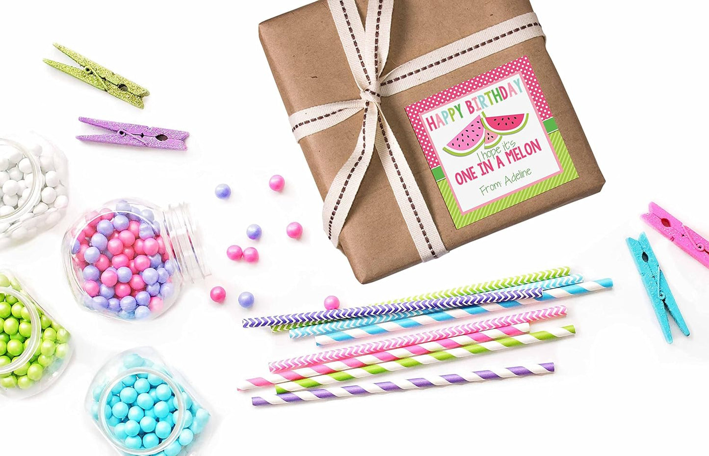 Custom & Personalized One in A Melon Watermelon Happy Birthday Gift Tag Sticker Labels, 24 2.5" Square Stickers by Amanda Creation