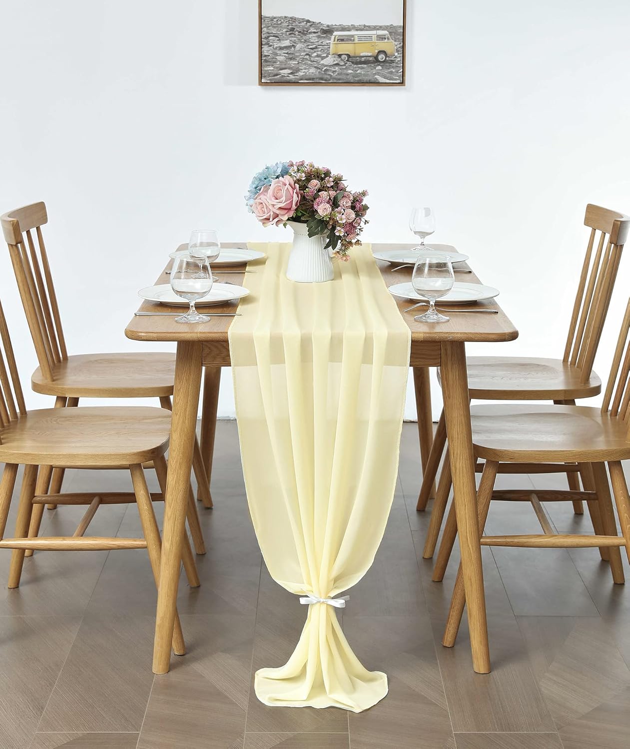 2 Pack 10Ft Light Yellow Chiffon Table Runner Sheer 29x120 Inch for Romantic Wedding Decor Bridal & Baby Shower Birthday Rustic Party Decoration