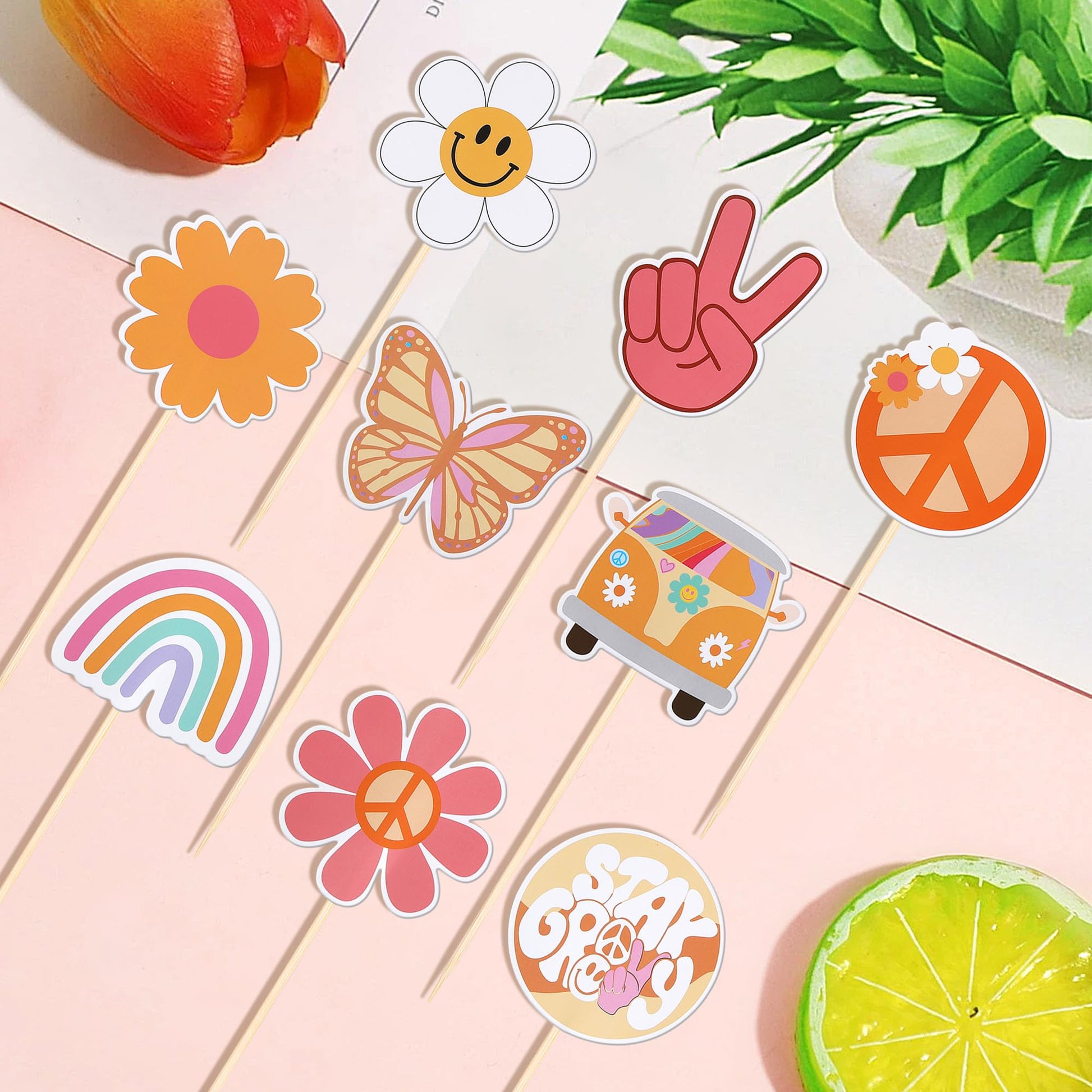 18 PCS Hippie Party Centerpiece Sticks Dasiy 60s Retro Boho Peace Sign Hand Butterfly Two Groovy