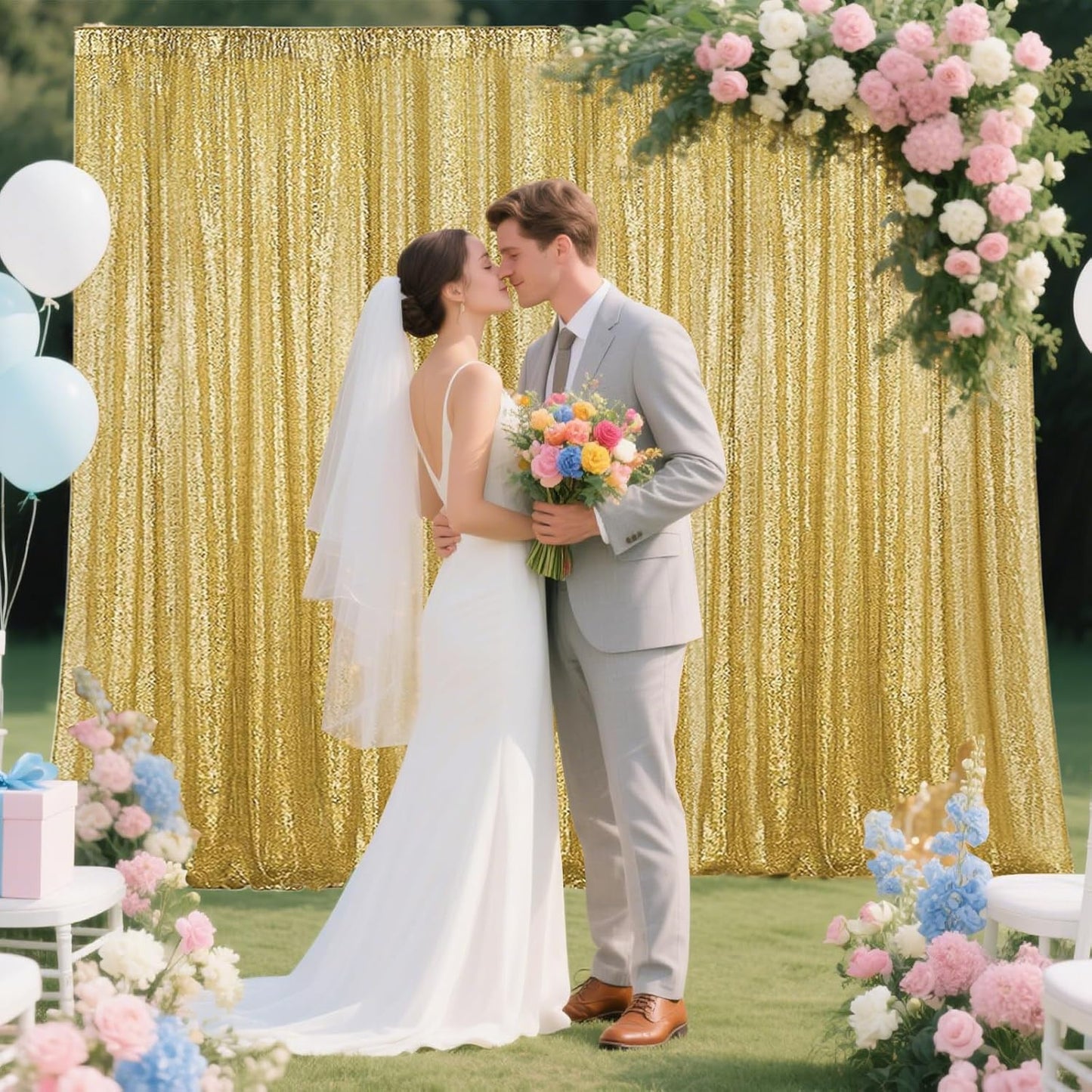 Gold Sequin Backdrop Curtain 4 Pieces 2FTx8FT Glitter Photography Backdrop for Party Wedding Birthday Christmas Decorations