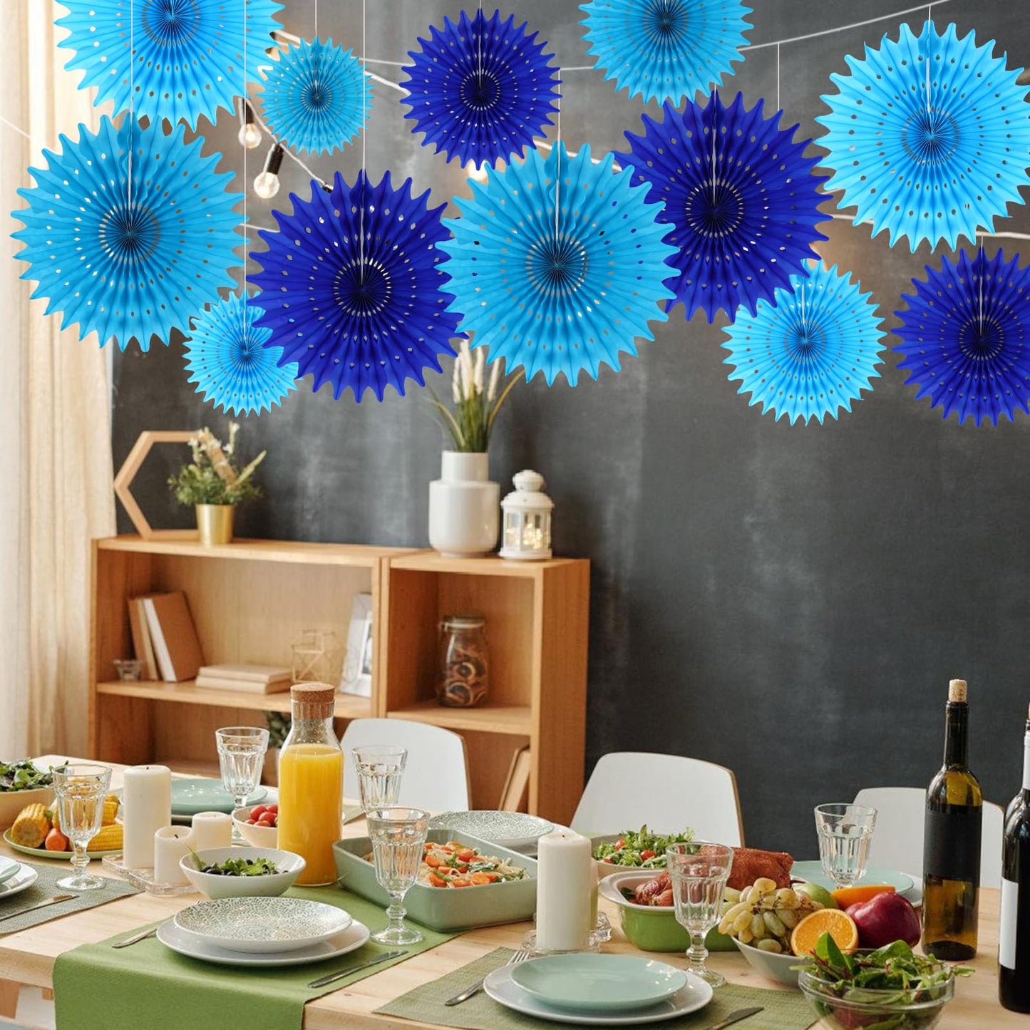 BestoFun 12PCS Paper Fans Blue Party Decorations Tissue Paper Flowers Decorations for Girl Groovy