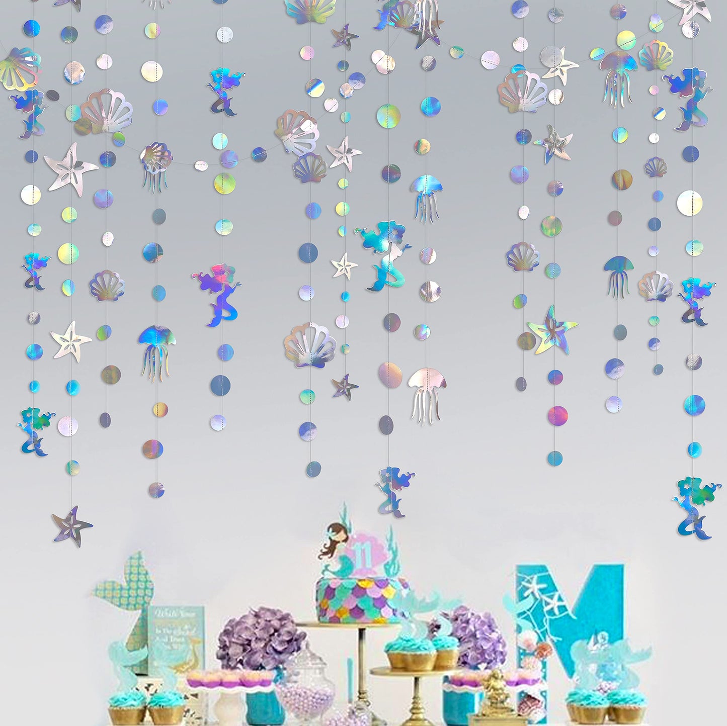 40 Ft Iridescent Mermaid Garland with Jellyfish SeaShell Starfish Pearl Holographic Paper Streamer