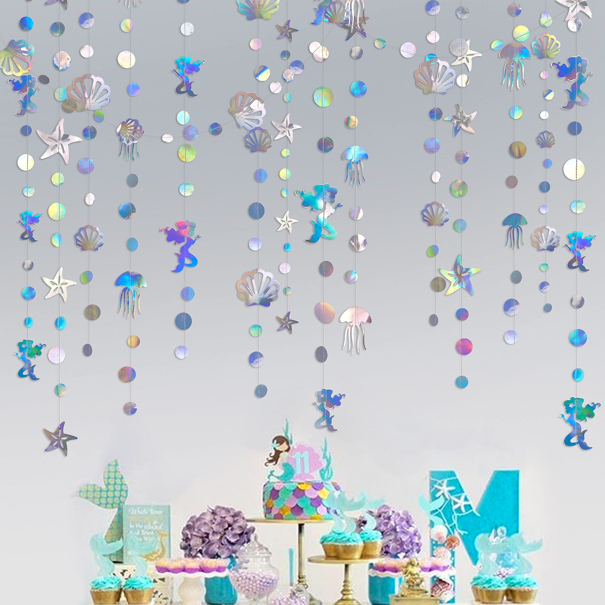 40 Ft Iridescent Mermaid Garland with Jellyfish SeaShell Starfish Pearl Holographic Paper Streamer
