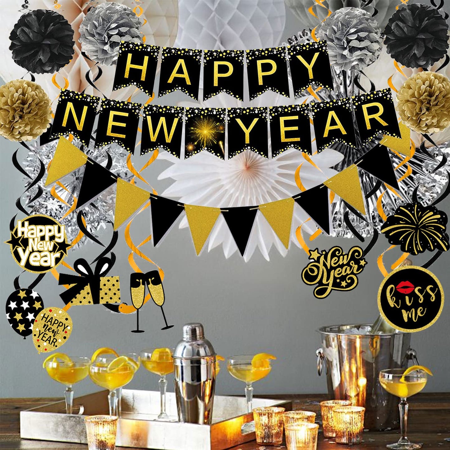Famoby Happy New Year Banner Pom poms Triangle flag Swirls Garland Hanging Bunting for Happy New