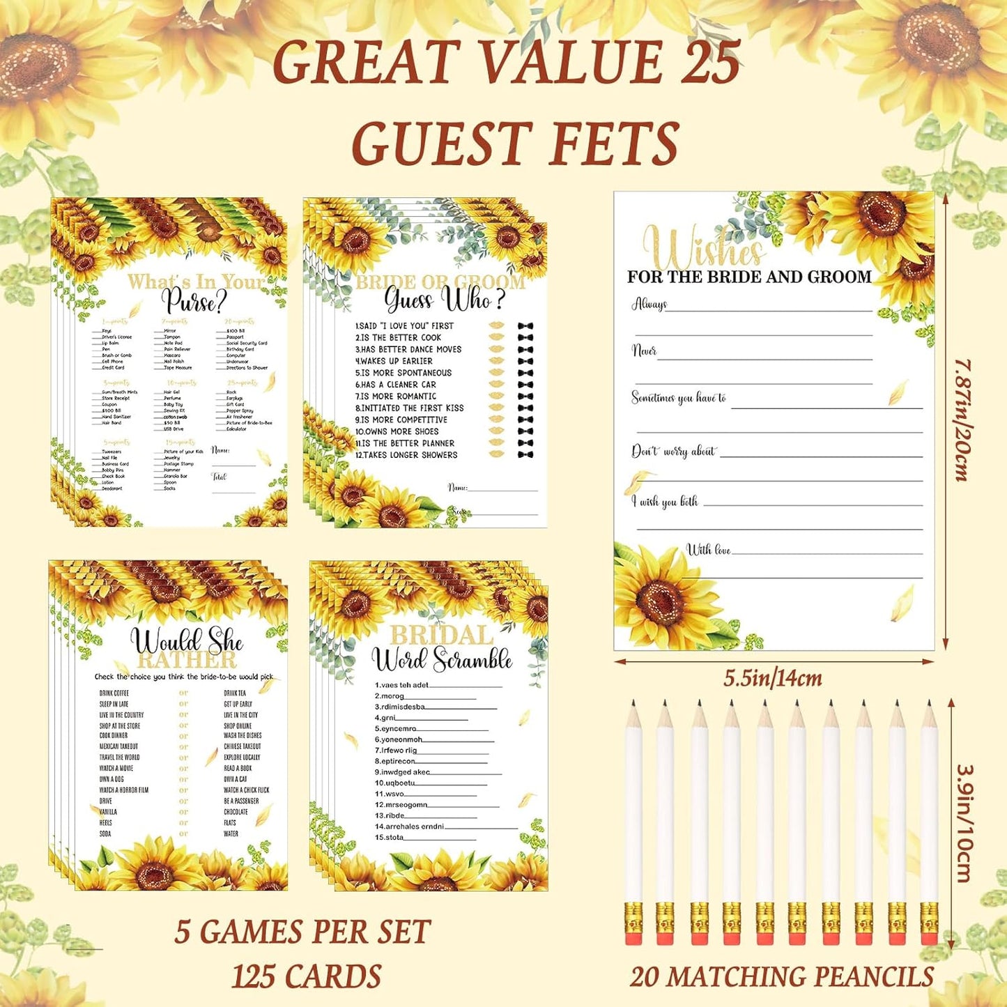 Teling 145 Pieces Bridal Shower Game Bridal Shower Favors Set Wedding Games Cards and Pencils for Bride Groom Bachelorette Party Wedding Party Favor(Sunflower Style)