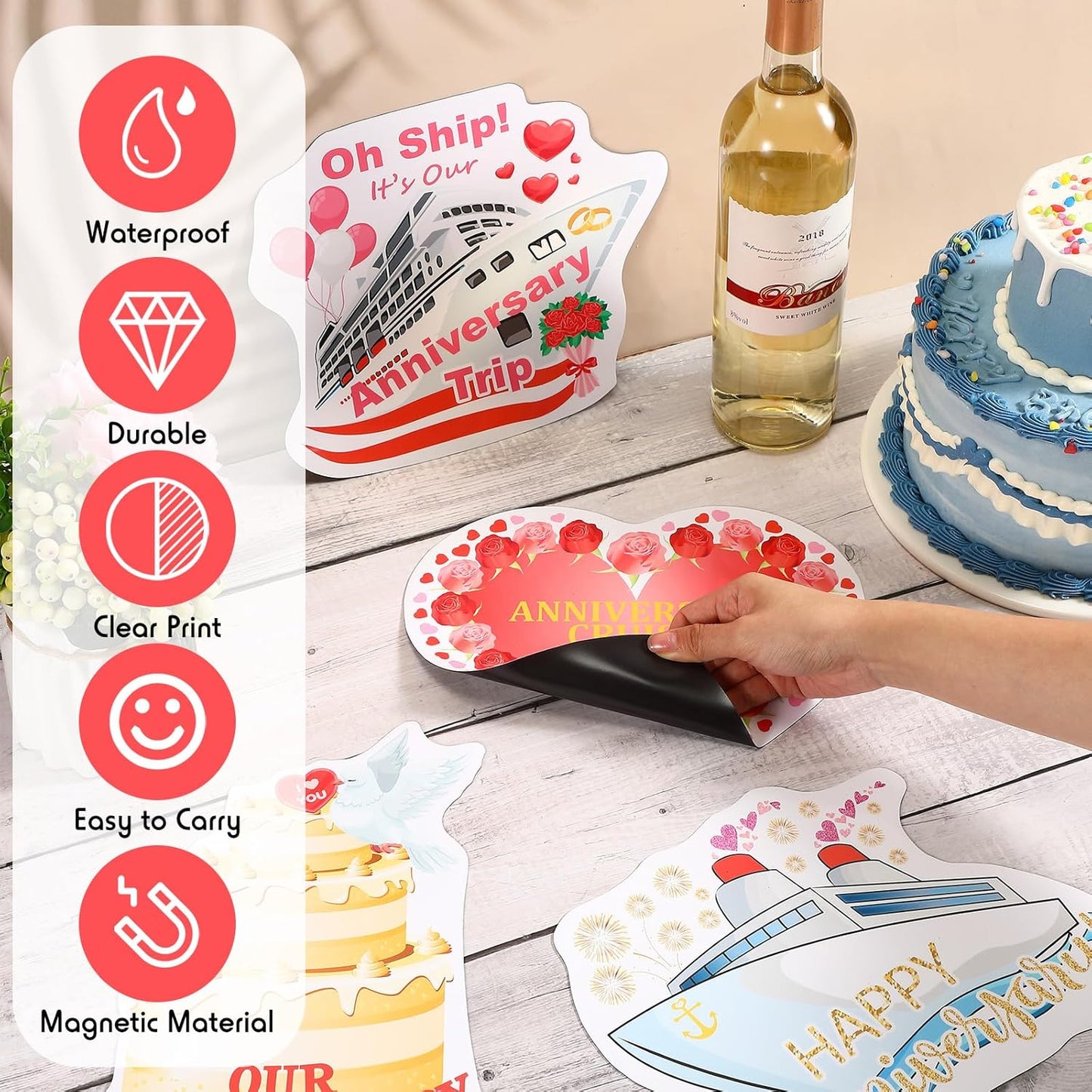 Hoteam 4 Pcs Anniversary Cruise Door Decorations Magnetic Large Happy Anniversary Cruise Ship Door Magnets Funny Waterproof Nautical Magnets for Carnival Cabin Stateroom Fridge Car