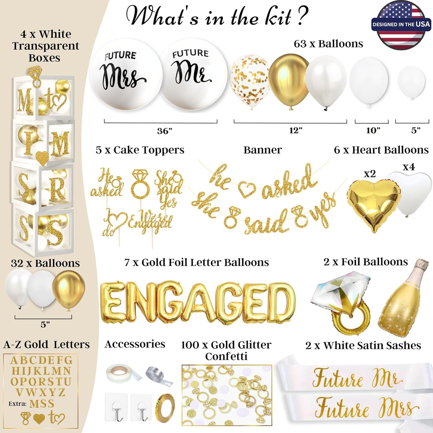 248 Pc Premium Engagement Party Decorations, Gold and White Bridal Decorations, He Asked She Said Yes Banner, Engaged Letter Balloons, Future Mrs and Mr Balloons & Sashes Ring Balloon, Boxes & more