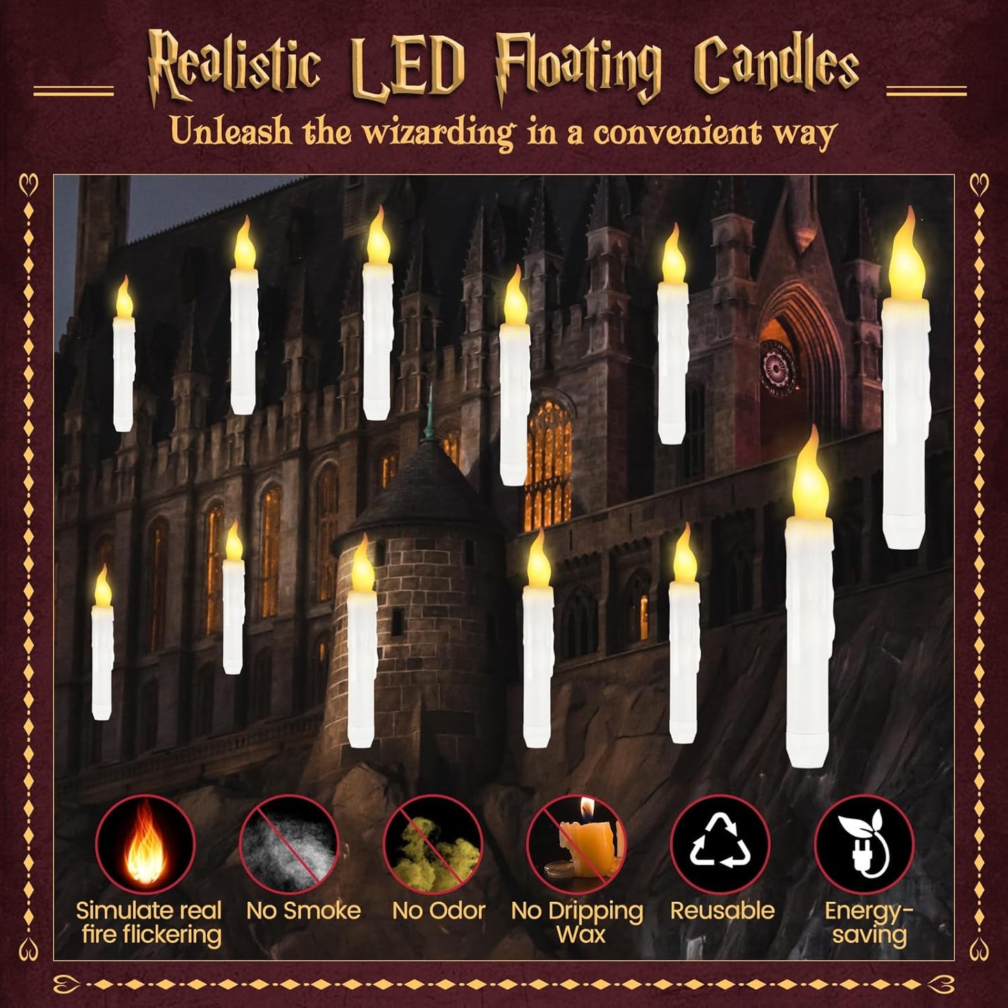 Halloween Decorations, Floating Candles with Wand, 12 PCS Magic Hanging Candles, Flickering Flameless Floating LED Candle, Witch Wizard Christmas Decor for Home Classroom Bedroom Church Birthday Party