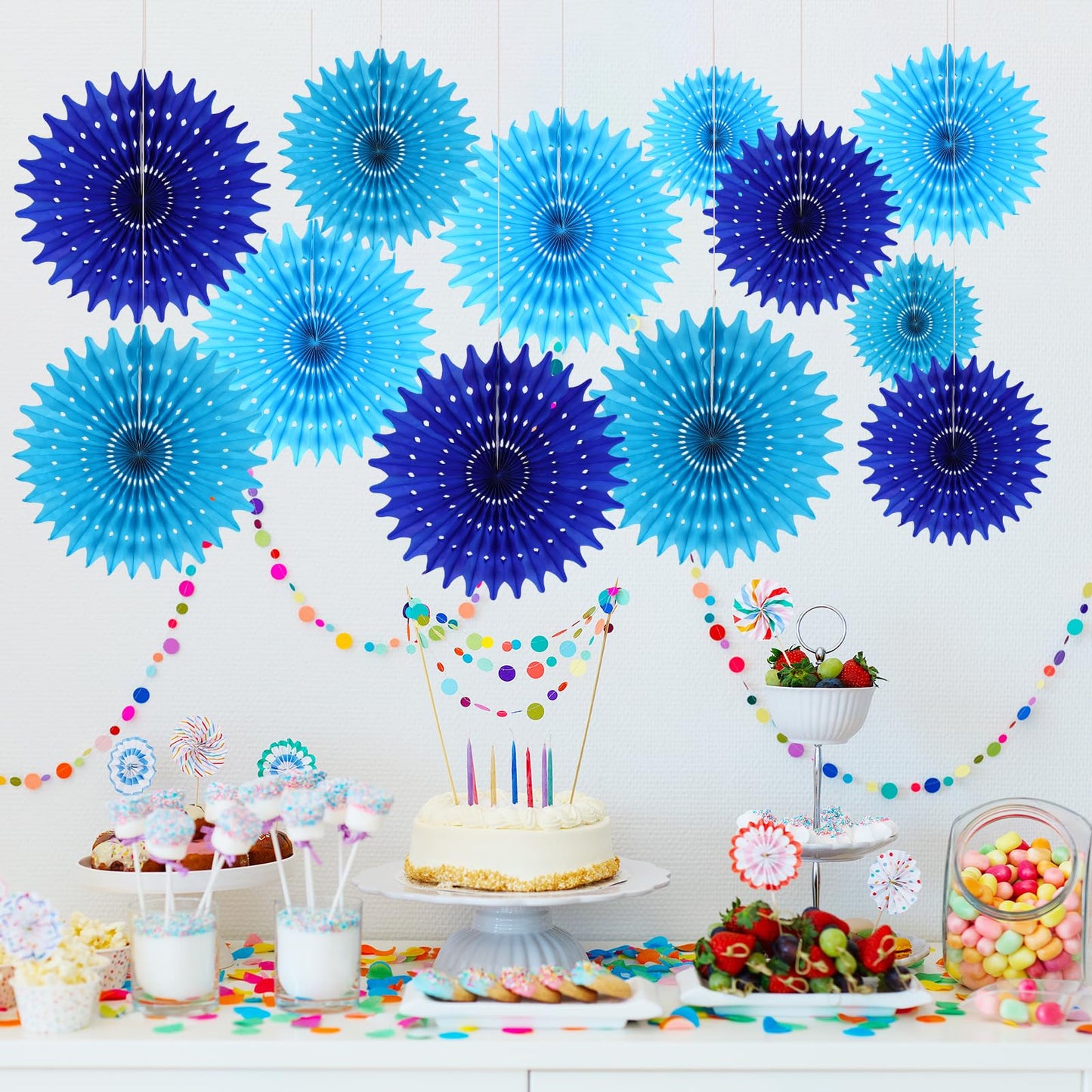 BestoFun 12PCS Paper Fans Blue Party Decorations Tissue Paper Flowers Decorations for Girl Groovy