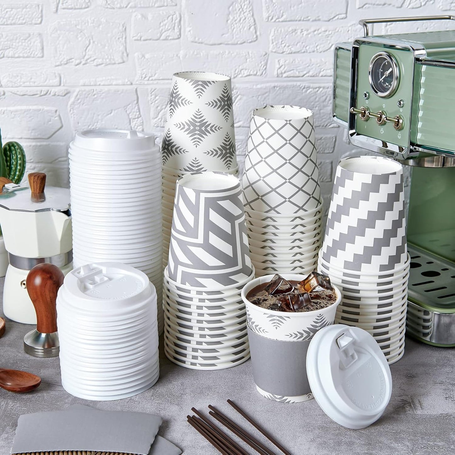 LITOPAK 100 Pack 10 oz Paper Coffee Cups with Lid, Sleeve, and Straws, Four Designs of Disposable Hot Coffee Cups for Home, Stores, and Cafes