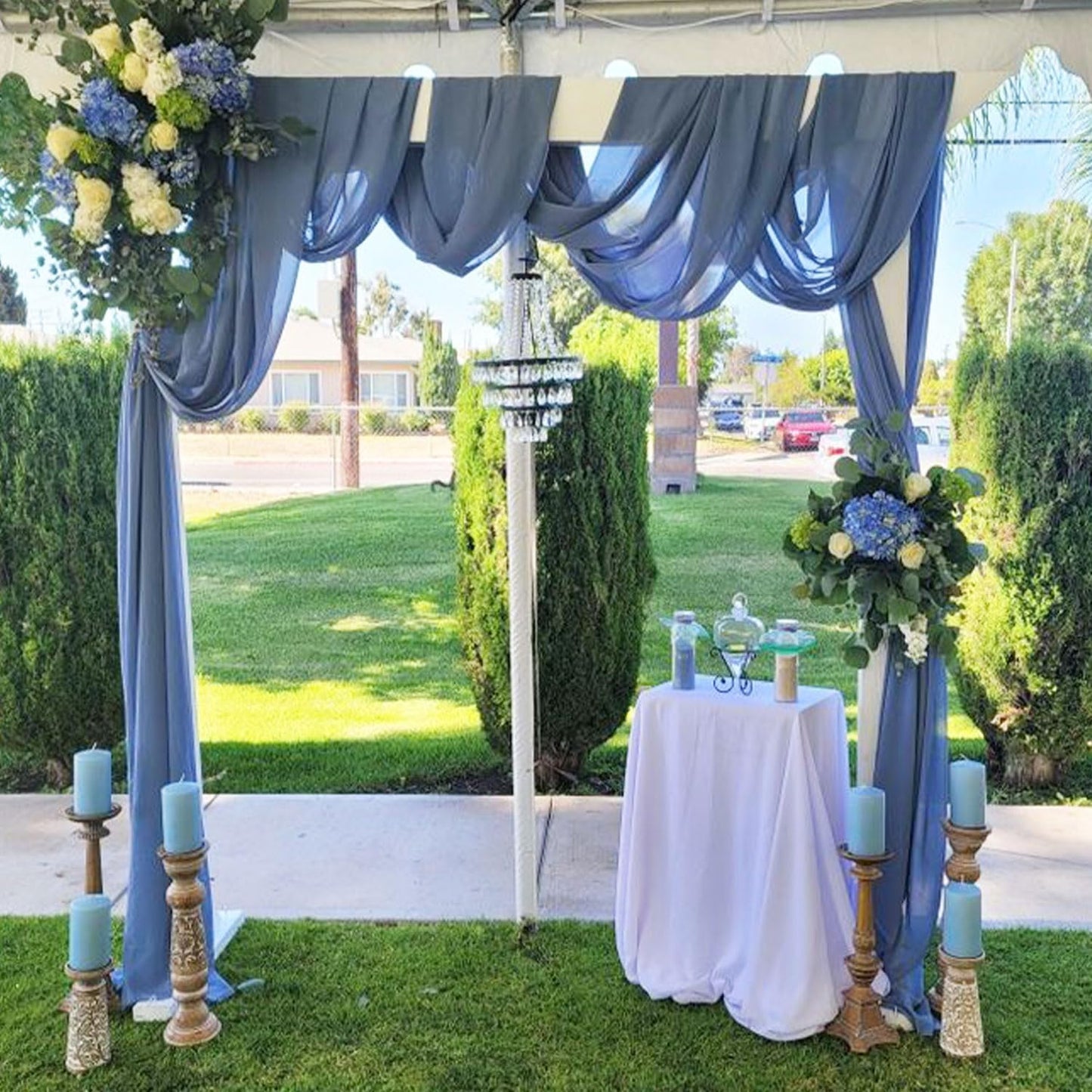 20Ft Length x 28" Width 4 Panels Wedding Arch Draping Fabric Dusty Blue Arch Drapes Chiffon Fabric Sheer Curtains Backdrop for Party Bridal Decorations Wedding Ceremony Ceiling Stage Reception Decor