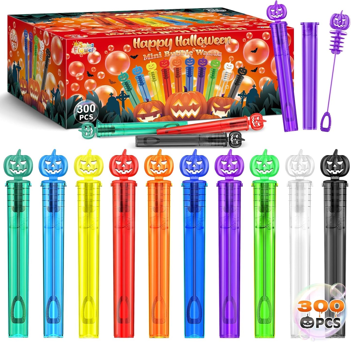 SpringFlower 300 PCS Halloween Bubble Wands, Party Favor Mini Bubble Wands Halloween Gifts Kids Goodie Bag Stuffers for Trick or Treat