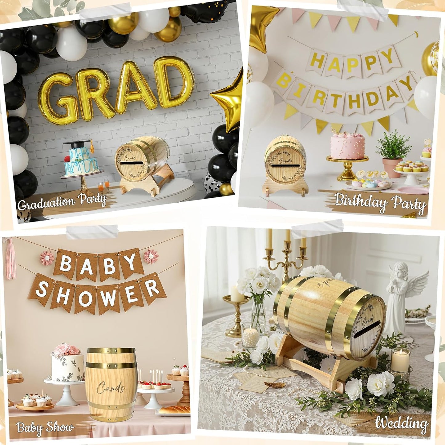 OurWarm Wooden Wedding Card Box for Party with Base, Whiskey Barrel Card Box for Wedding, Rustic Envelopes Gift Money Box Holder for Reception Graduation Baby Shower Birthday Party Decorations