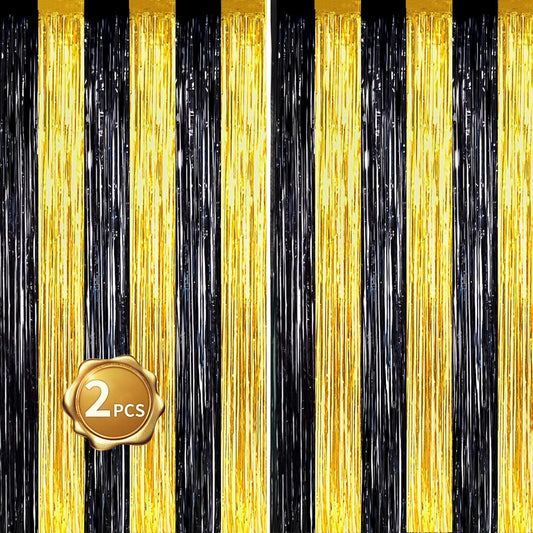 BEISHIDA 2Pcs Black Gold Door Streamers Congrats Grade 2025 Decoration Backdrop Foil Fringe Tinsel Party Streamers Curtains Backdrops Birthday Graduation New Year Party Decoations(3.28 ft x 6.56 ft)