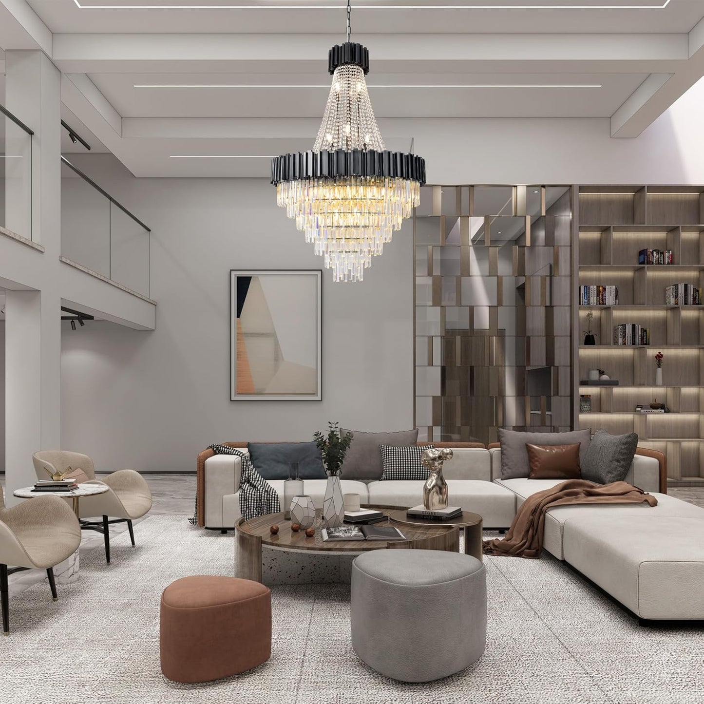 54" Luxury Long Crystal Chandelier for High Ceilings, 21-Light Modern Black Large Chandeliers for Staircase, Foyer, Entryway, Living Room, Hallway, Contemporary K9 Crystal Tiered Chandelier