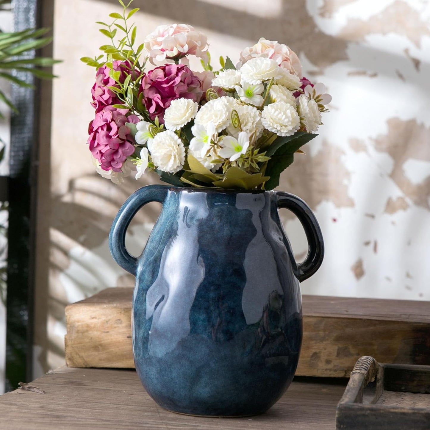 Blue Ceramic Vase with 2 Handles for Modern Farmhouse Home Decor, Vintage Rustic Decorative Vases, Small Vase for Fresh and Dried Flowers, Centerpiece Table Decorations, 7 Inch