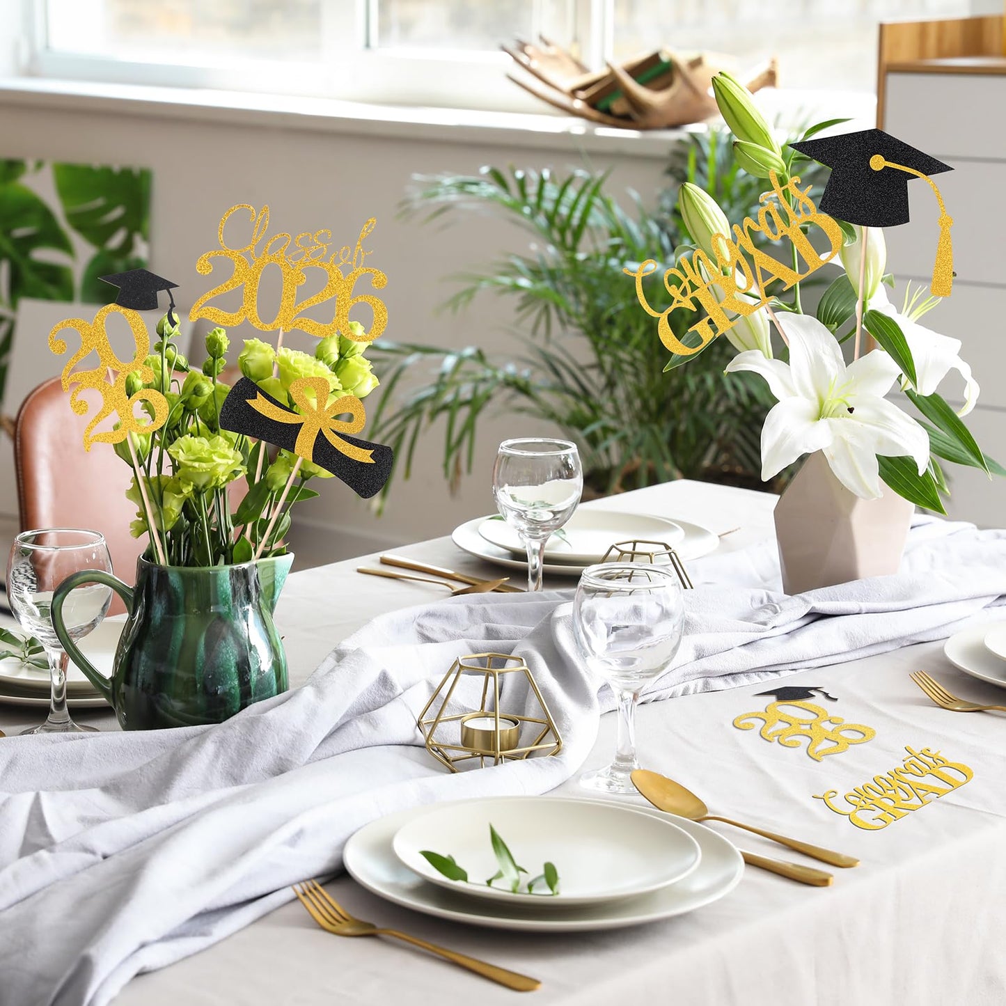 Cyunda Graduation Decorations 2026, 20 PCS Sparkling Black and Gold Double-Sided Centerpiece Sticks
