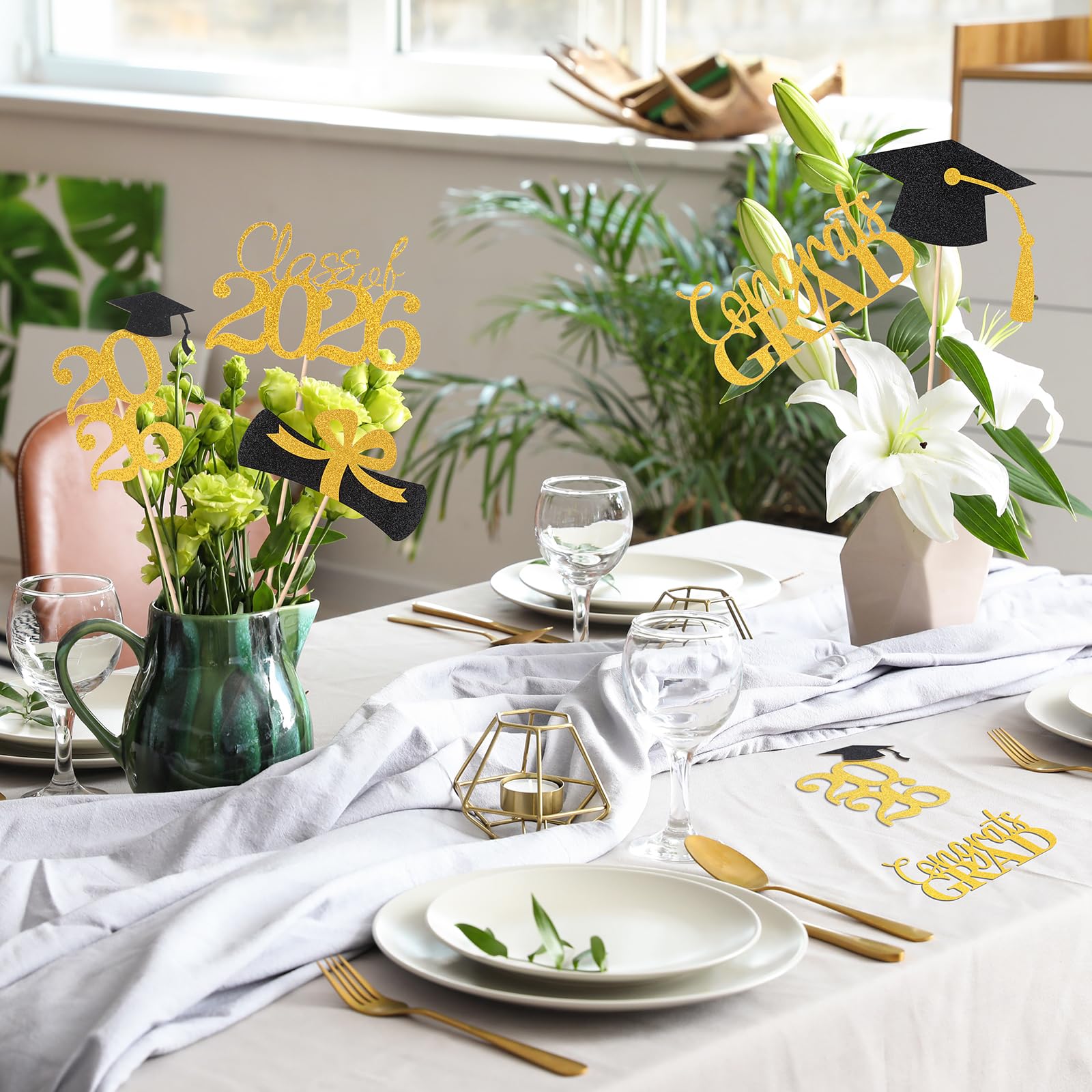 Cyunda Graduation Decorations 2026, 20 PCS Sparkling Black and Gold Double-Sided Centerpiece Sticks