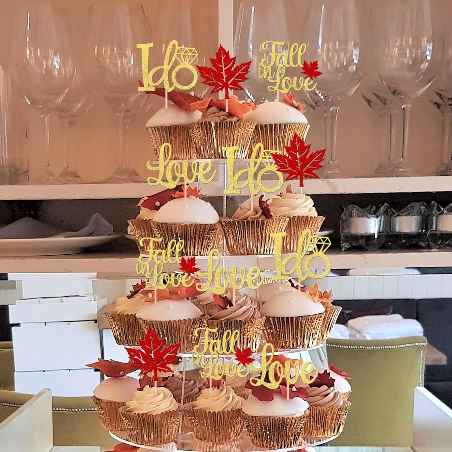 24 PCS Fall in Love Cupcake Toppers Glitter Maple Leaves Love I Do Cupcake Picks Fall Theme Wedding Cake Decorations for Bridal Shower Engagement Thanksgiving Birthday Party Supplies