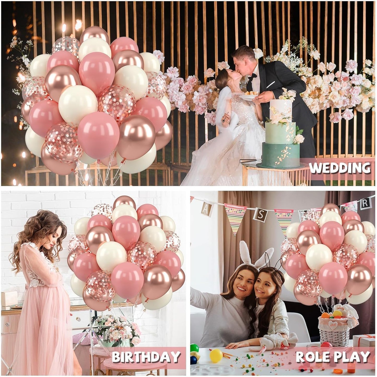 Paready Dusty Pink Balloons, 50 Pcs Retro Blush Pink White Balloons, 12 Inch Metallic Confetti Rose Gold Balloons Helium with Ribbon for Girls Wedding Bridal Baby Shower Birthday Party Decorations