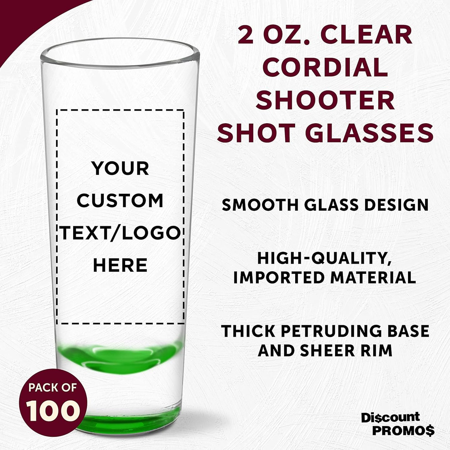 Custom Cordial Shooter Shot Glasses 2 oz. Set of 100, Personalized Bulk Pack - Great for Birthdays, Parties, Indoor & Outdoor Events - Green