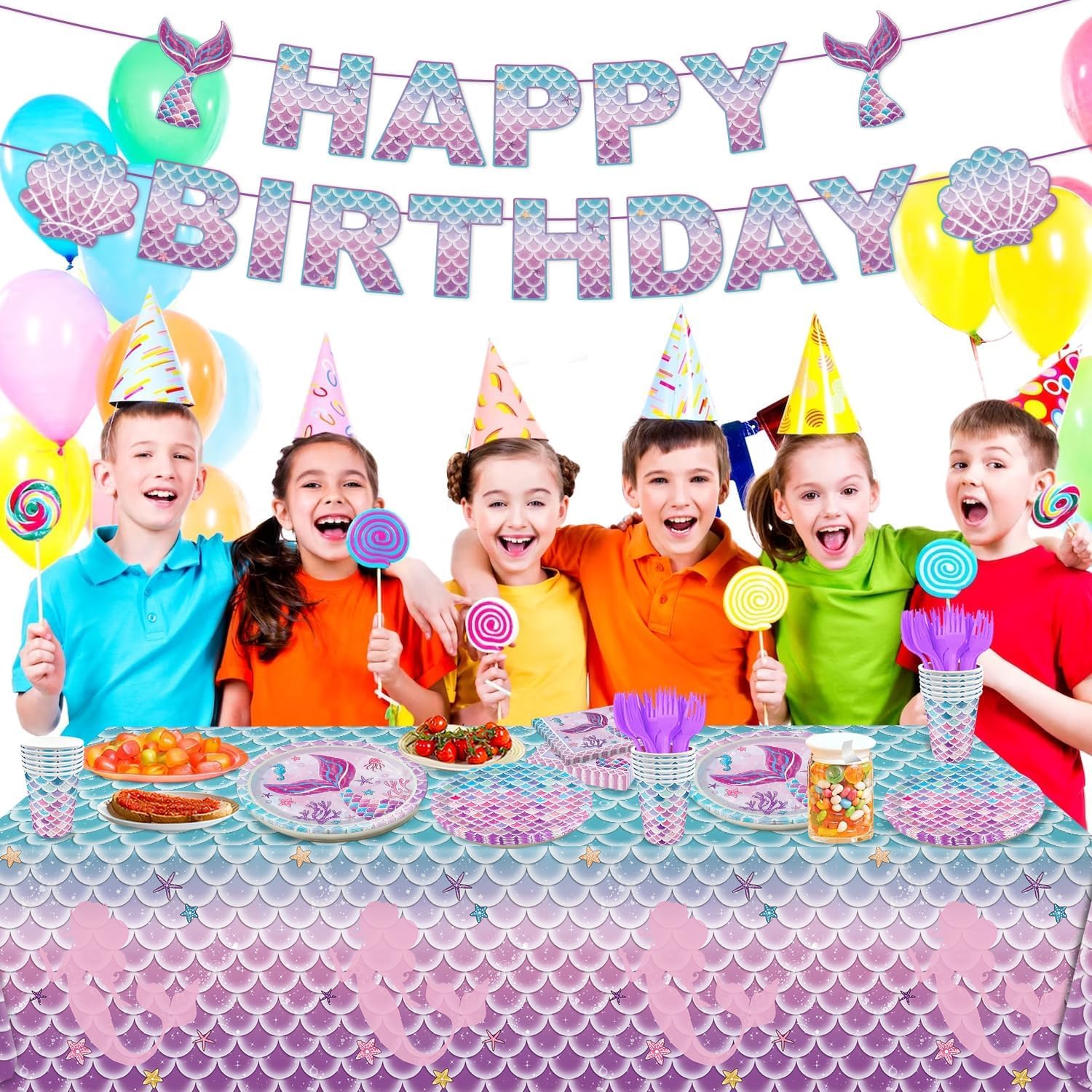 122Pcs Mermaid Birthday Party Decorations Set Mermaid Party Supplies Includes Plates, Napkin, Fork