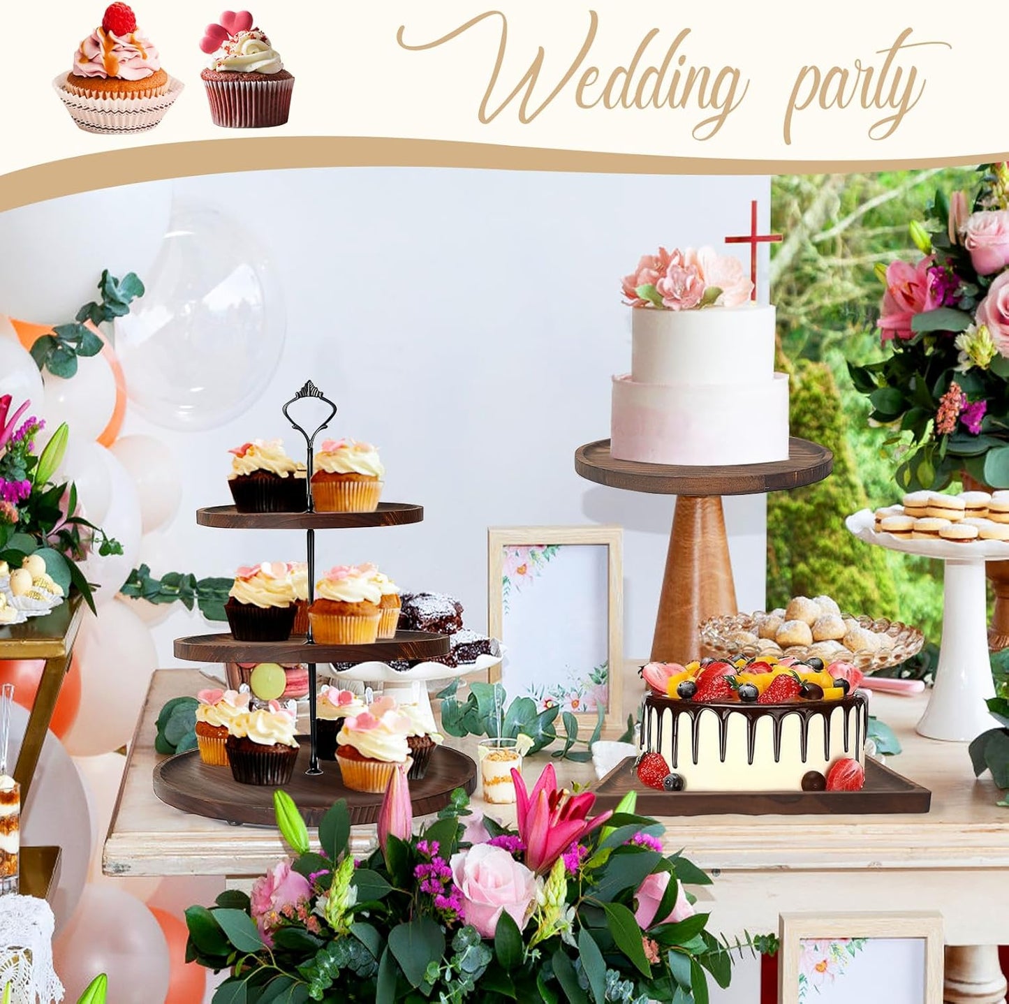 LARDUX Wooden Dessert Table Display Set - 4 Tier Cupcake Stand, 3 Tier Dessert Stand, 2Pcs Round Serving Trays,1Pcs Rectangular Trays for Party, Wedding, Baby Shower