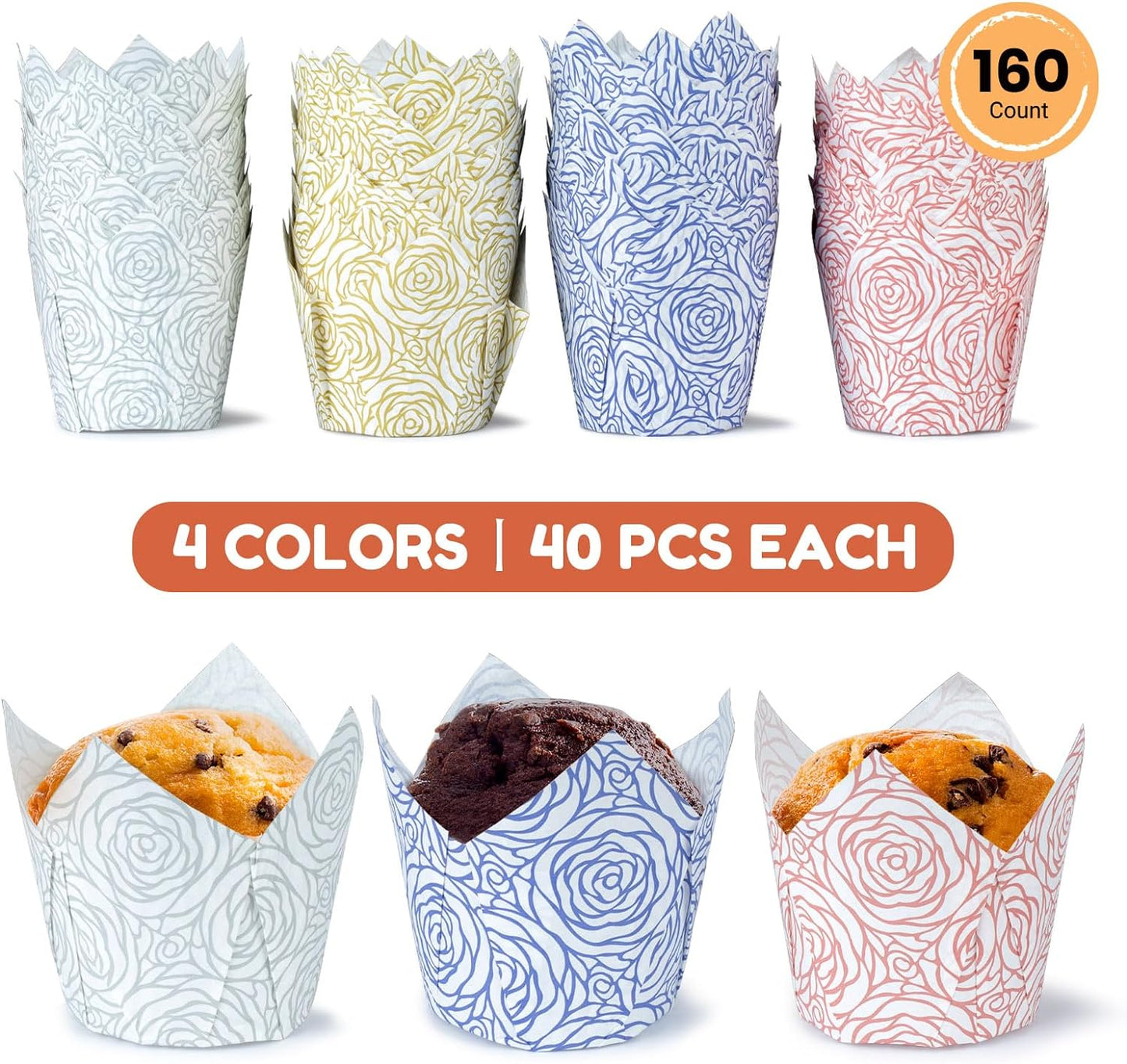 160pcs Tulip Paper Cupcake & Muffin Liners Oil Resistant - Standard Size 4 Colors Rose Pattern Baking Cups Cupcake Wrappers, Model BK010