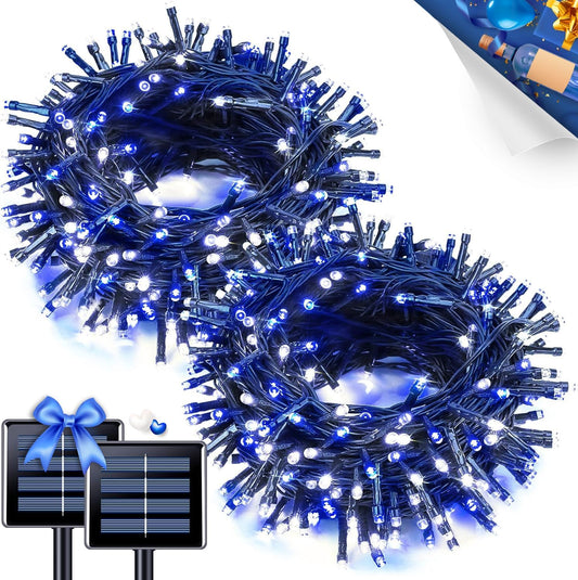 JMEXSUSS 2 Pack Blue & White Solar String Lights, Each 100 LED 33ft, Waterproof, 8 Modes for Outside Garden Patio Party Decoration