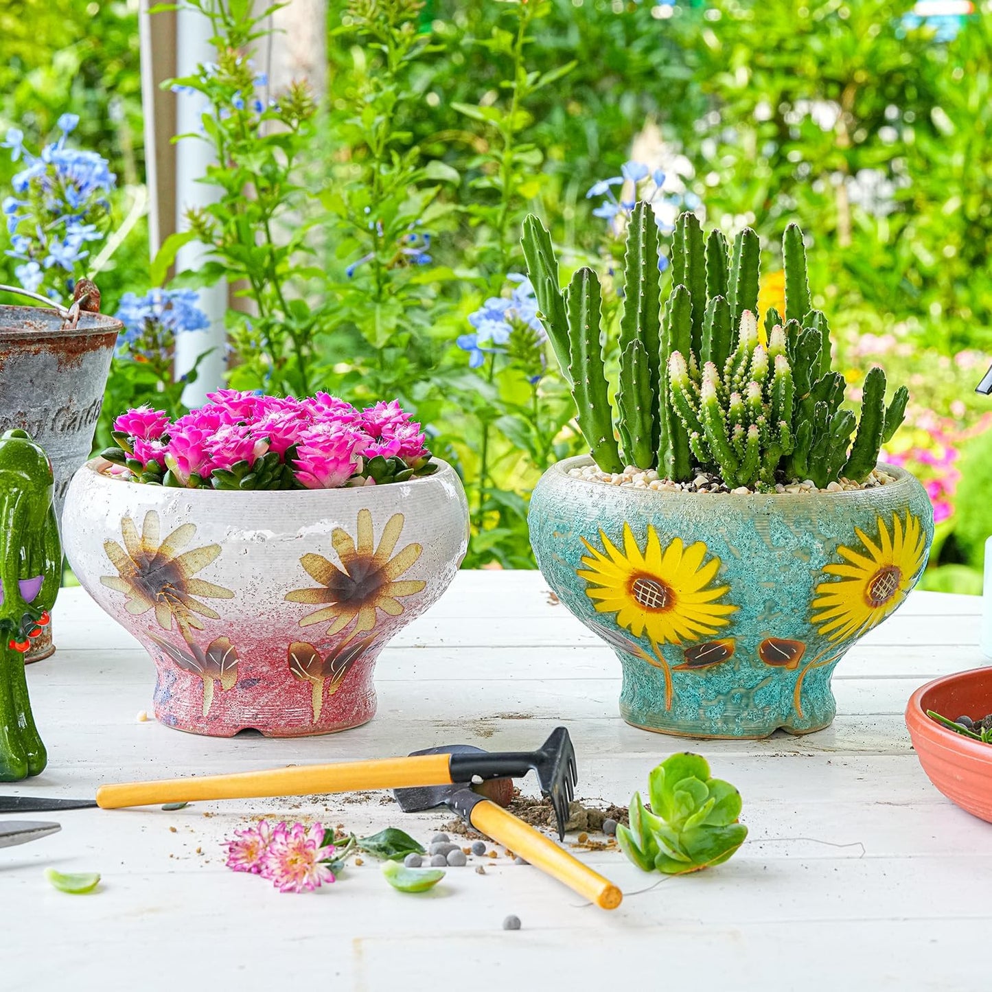 Sungmor Small Succulent Planters Set of 2, Beautiful Hand Crafted Ceramic Plant Pots Cute Cactus Pot, 6.5 Inch Flower Pots for Indoor Plants with Drainage, Desktop Windowsill Home Office Decor Pots