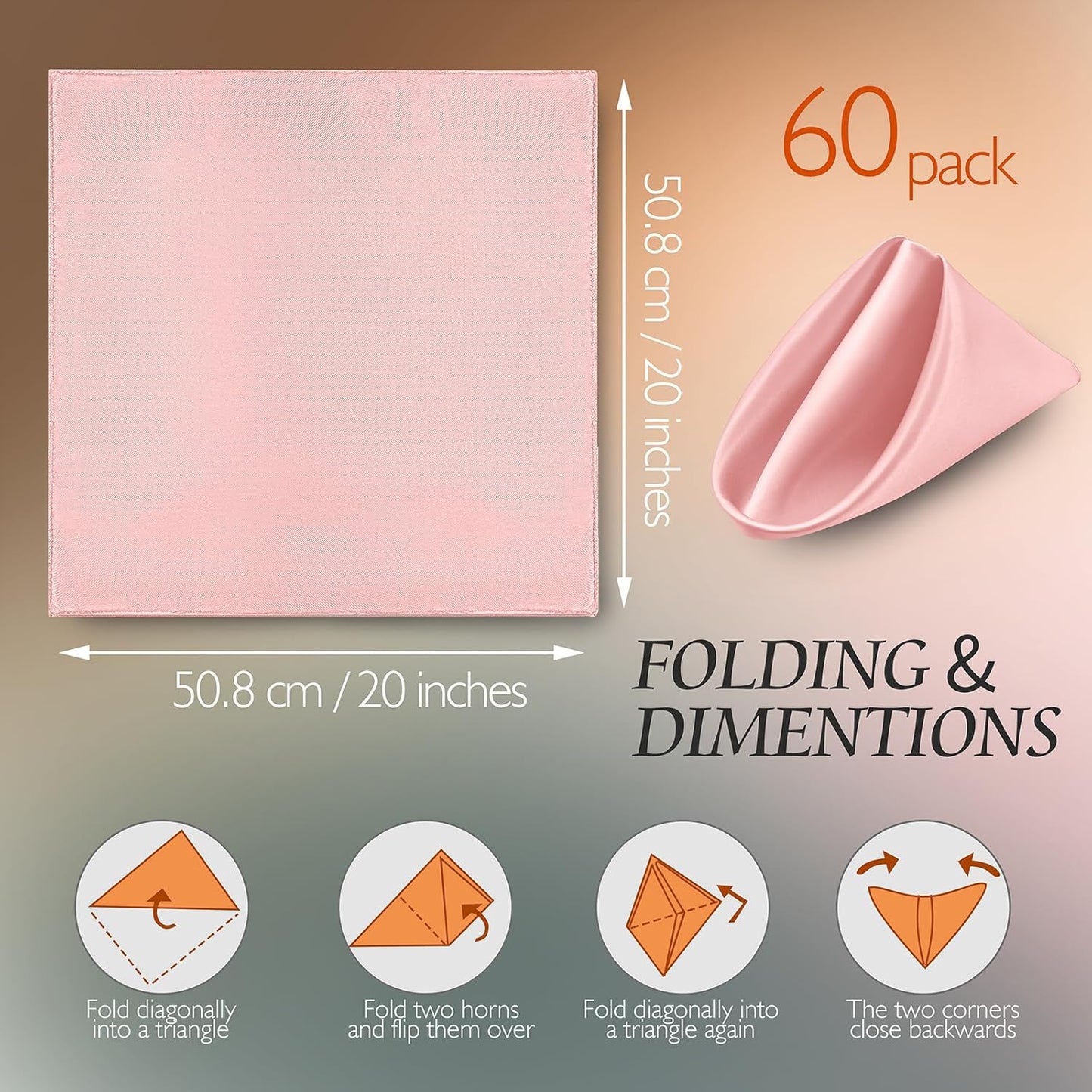 Manyshofu 60 Piece Blush Satin Napkins - 20x20 Inch Square Fabric Napkins for Wedding Dinner Party Lunch