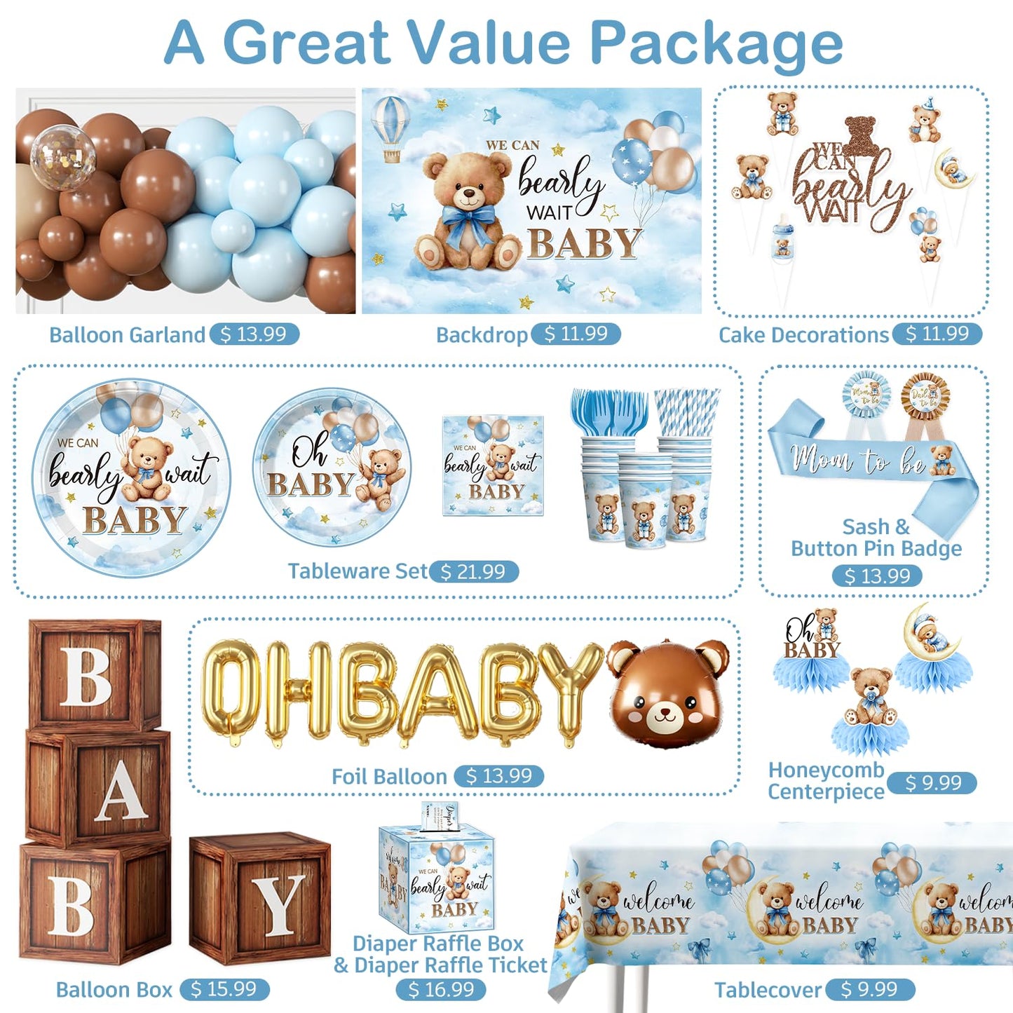 213Pcs cocomigo Blue Baby Boy Shower Decorations Tableware Set, 25 Serves