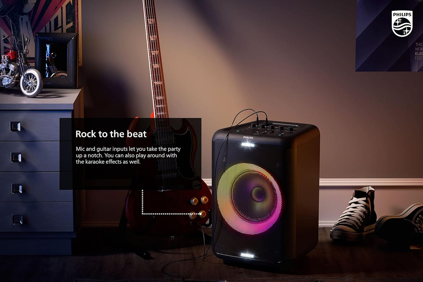 PHILIPS X3206 Bluetooth Party Speaker with Deep bass, Up to 14 Hours Battery, Party Lights and Karaoke Effects, Microphone and Guitar Input, Audio-in, USB Charging, Built-in Trolley, TAX3206