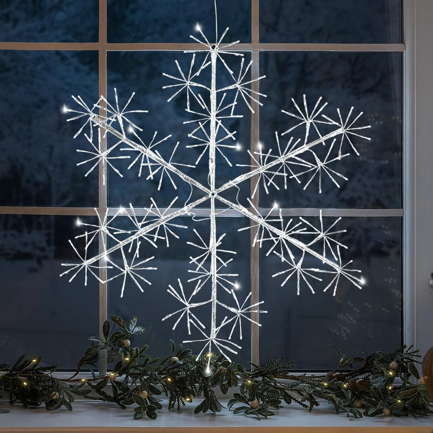 30’’ Christmas Snowflake Lights Outdoor, Pre-lit 240Pcs Cool White LEDs Hanging Silver Snowflake Decoration for Home Indoor Outdoor Window Silhouette