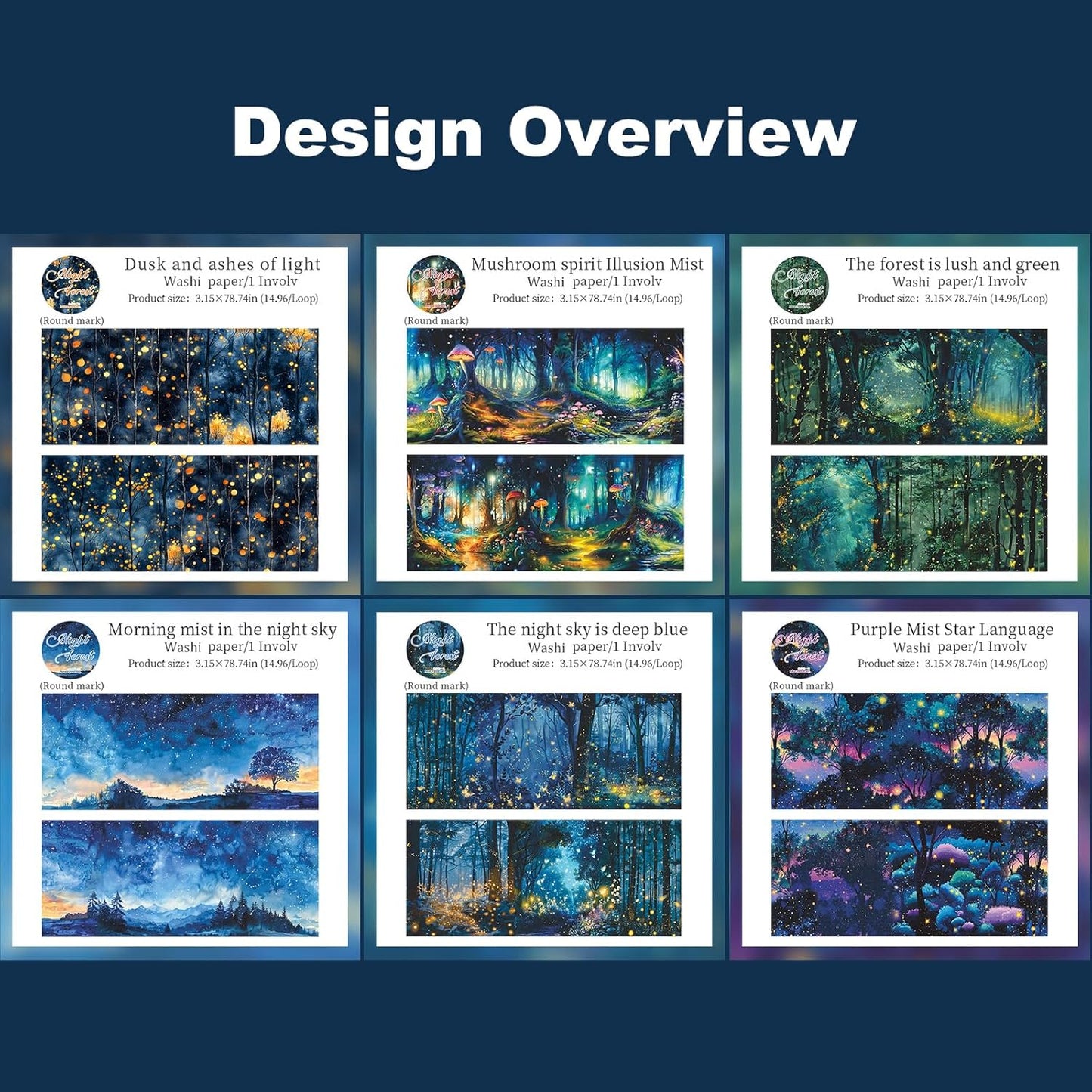 Night Forest Seamless Washi Tape Scrapbook Kit ??6 Rolls with Starry Sky, Fairy Woods & Twilight Designs for Journaling, DIY Crafts, Gift Wrapping, Card Making, Decoration, 3.15in Wide