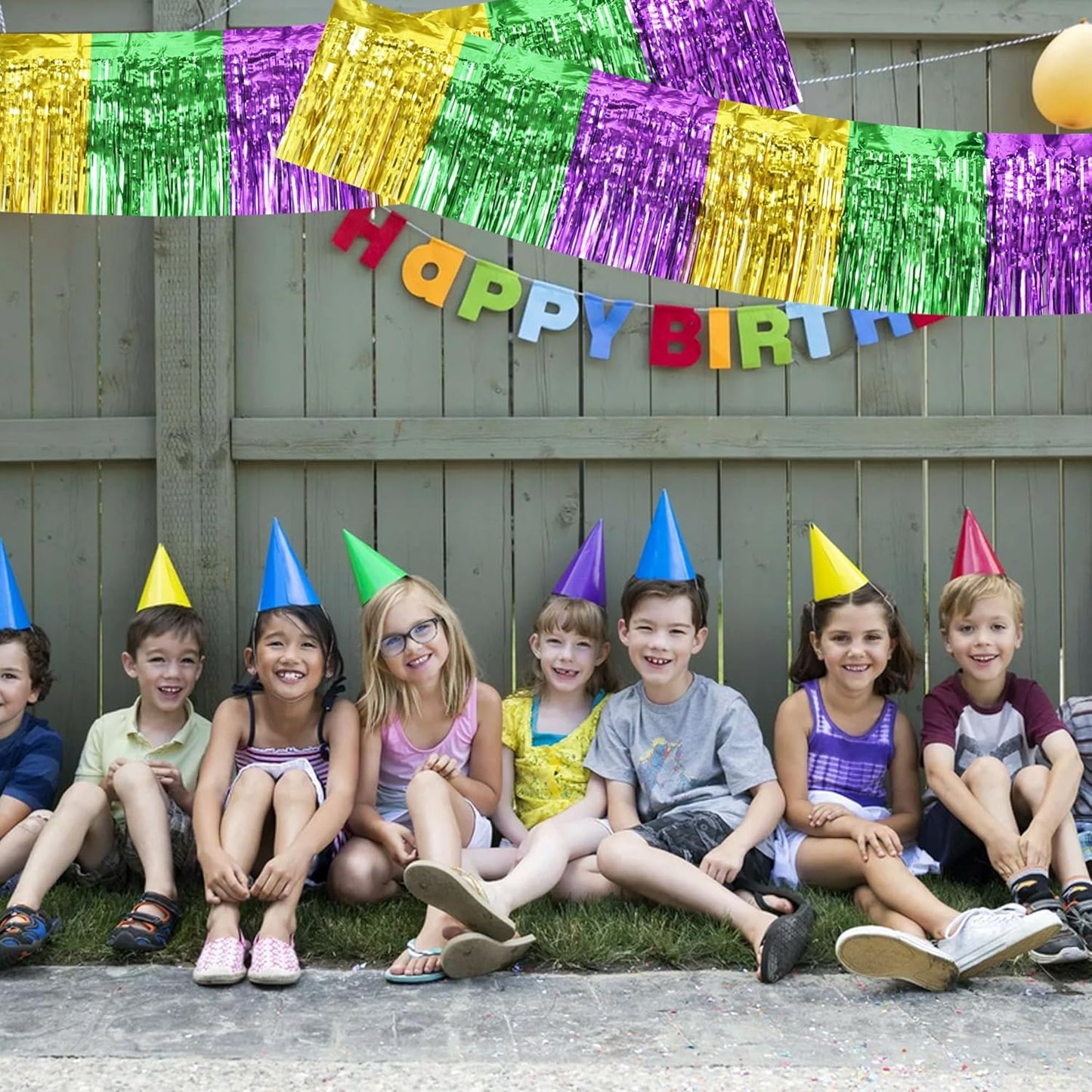 BEISHIDA 3 Packs Metallic Foil Fringe Garland Green Gold Purple Wall Hanging Tinsel Fringe Banners for Car Floats Bridal Shower Wedding Birthday Easter Graduation Holiday Party Deco(30 Feet)